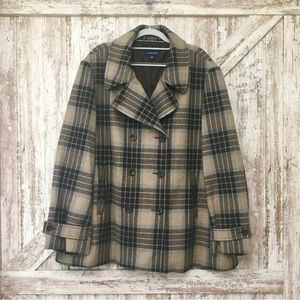 Land's End Beige/Brown/Blue Plaid Peacoat